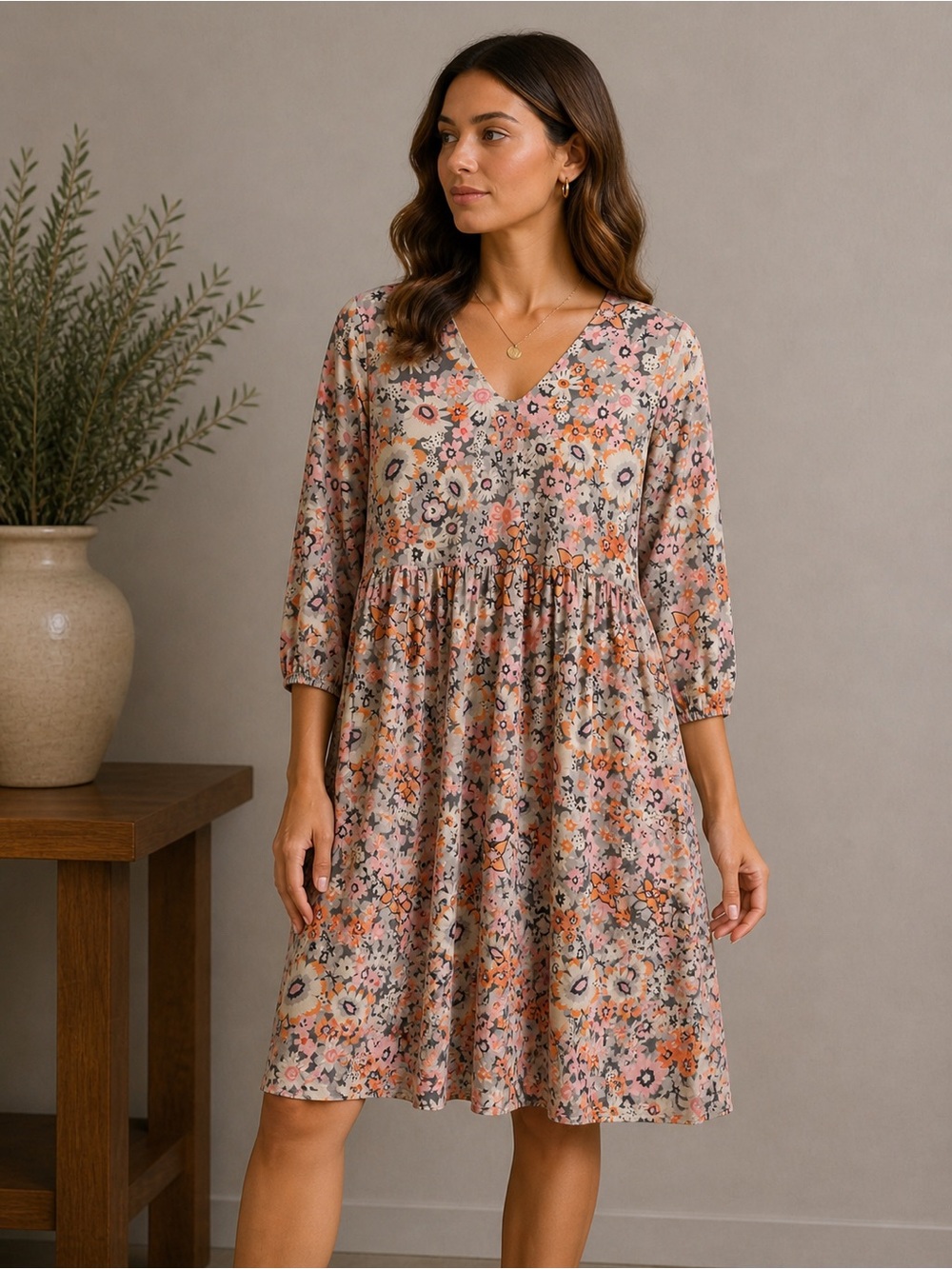 V-Neck Floral Tiered Midi Dress in Blush Floral